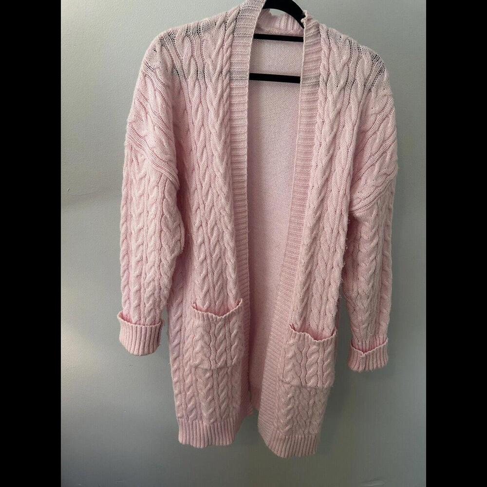 Pink Chunky Cable Knit Oversized Long Cardigan Pink XXL